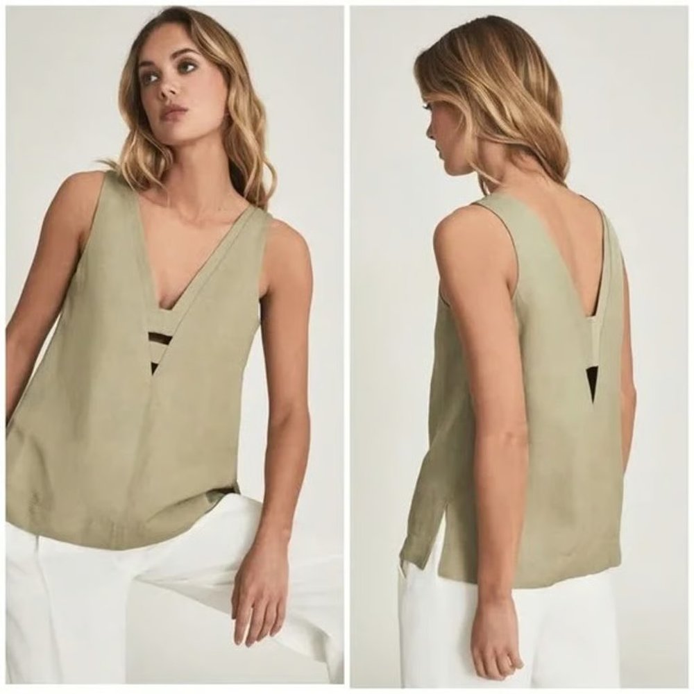 Reiss Emi Linen Blend V-Neck Sleeveless Blouse in Olive Green | Size 12